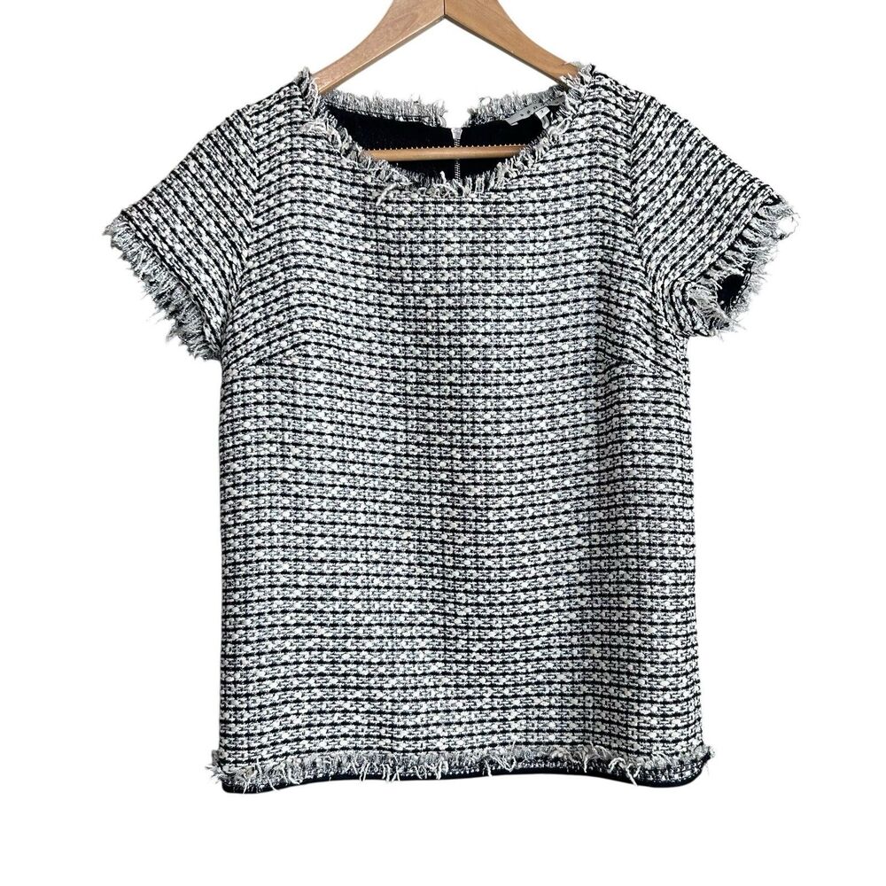 Sandro Paris Women’s Tweed Short Sleeve Top Size 2 / 6 Black White Fringe Trim